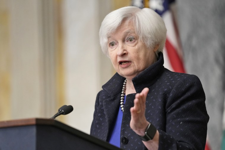 Treasury Secretary Janet Yellen speaks at the Treasury Department on April 11, 2023.