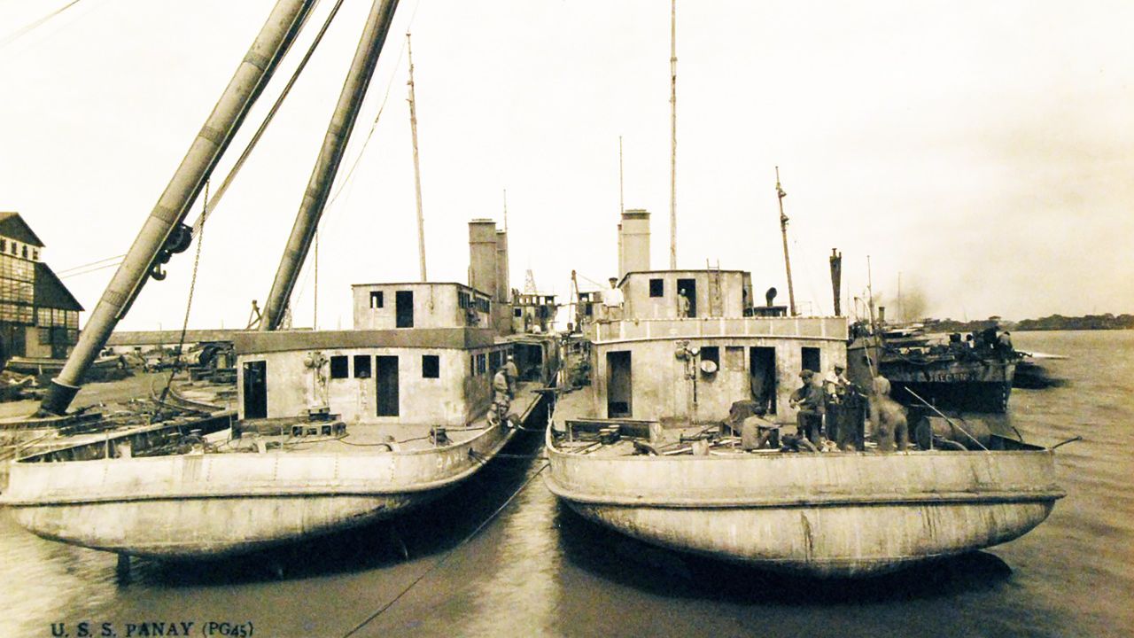 The USS Panay, at right, of the US Navy's Yangtze River Patrol is shown in Shanghai, China, in 1928.