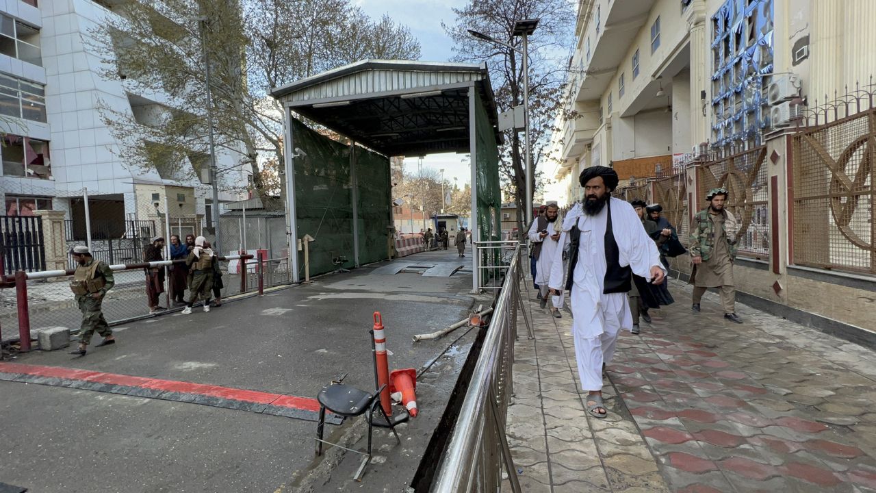 Taliban security forces guard a checkpoint near the foreign ministry in Kabul on March 27, after an ISIS-K suicide bomber struck the site.