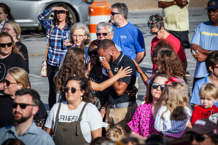 Mourners attend a vigil at the First Baptist Church of Dadeville following last night's mass shooting at the Mahogany Masterpiece dance studio on April 16, 2023 in Dadeville, Ala.