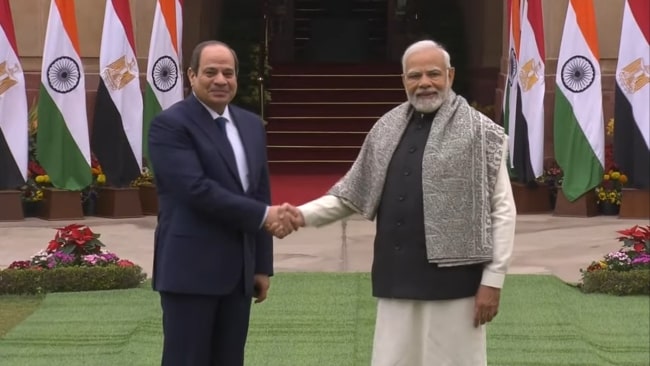 Abdel Fattah el-Sisi (Left) and Indian PM Narendra Modi at the Hyderabad House in India on January 25, 2023