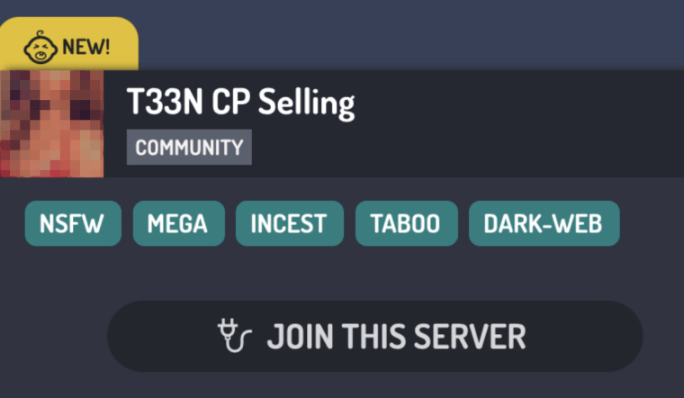 A Discord community called "Teen (spelled: T33n) CP Selling"