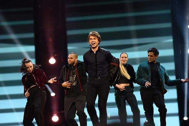 Alexander Rybak seen performing the song That's How You Write A Song at the final of Melodi Grand Prix in 2018