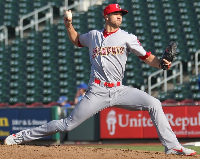 Jack Flaherty as seen while pitching for the Memphis Redbirds (Triple-A) during a game against the Omaha Storm Chasers at Werner Park in Nebraska on April 19, 2018