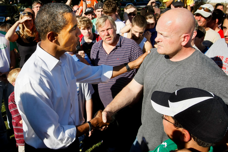 Democratic presidential nominee Sen. Barack Obama shakes hands with Samuel Joseph Wurzelbacher in Holland, Ohio, on Oct. 12, 2008.