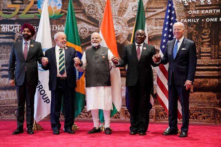 From left, Ajay Banga, Luiz Inacio Lula da Silva, Narendra Modi, Cyril Ramaphosa, Cyril Ramaphosa and Joe Biden during a group photo at the G20 Summit, in New Delhi, India
