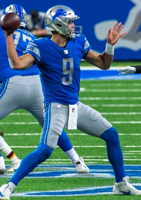 Matthew Stafford as seen during his final season with the Detroit Lions in 2020 in a game against the Washington Football Team at Ford Field in Detroit, Michigan