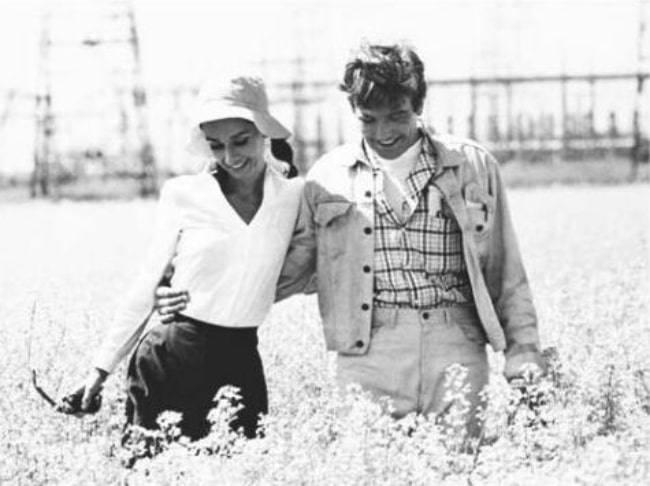 Albert Finney and Audrey Hepburn as seen in a scene in the film 'Two for the Road' (1967)
