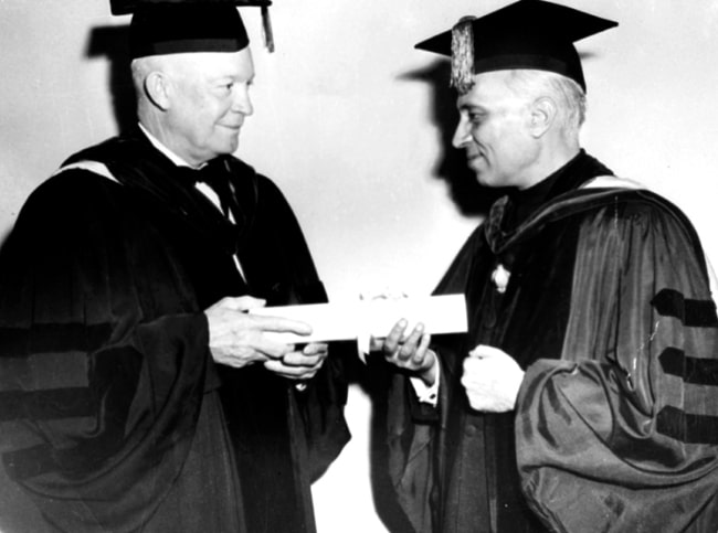 Dwight D. Eisenhower (Left) as seen while presenting the Honorary Degree of LL.D. to Prime Minister of India Jawaharlal Nehru in October 1949