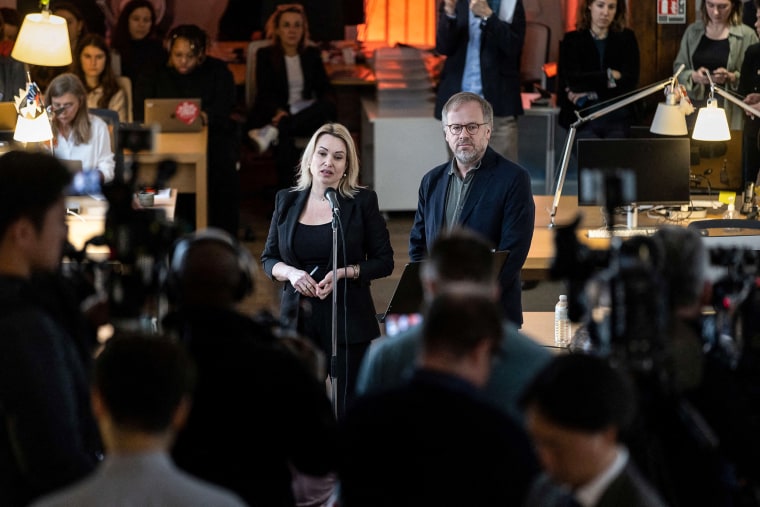 Russian journalist Marina Ovsyannikova and executive director of Reporters Without Borders Christophe Deloire