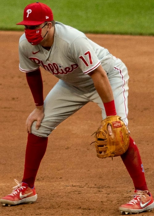 Rhys Hoskins pictured while playing first base for the Philadelphia Phillies during a game against the Washington Nationals on August 25, 2020