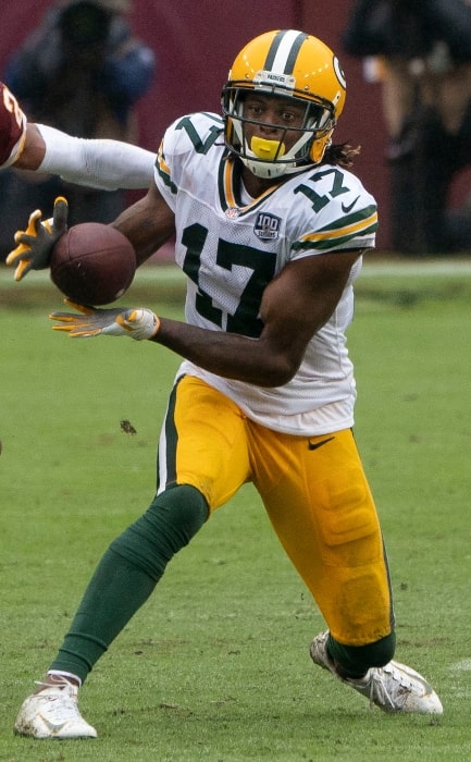 Davante Adams with the Green Bay Packers as seen while catching a pass during a game against the Washington Redskins on September 23, 2018
