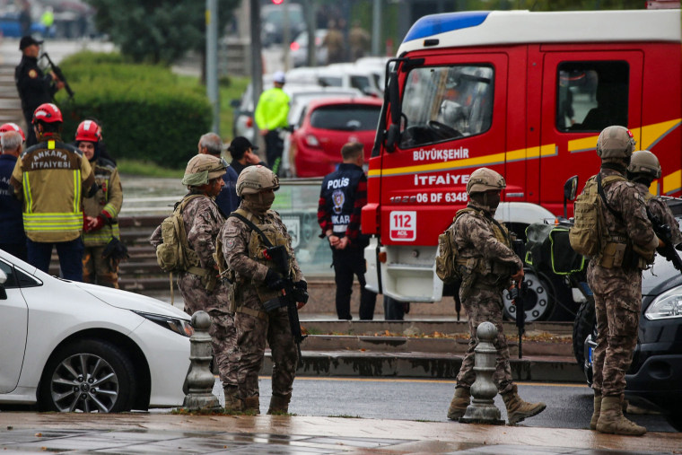Turkish Police Special Forces secure the area near the Interior Ministry following a bomb attack in Ankara on Oct. 1, 2023.