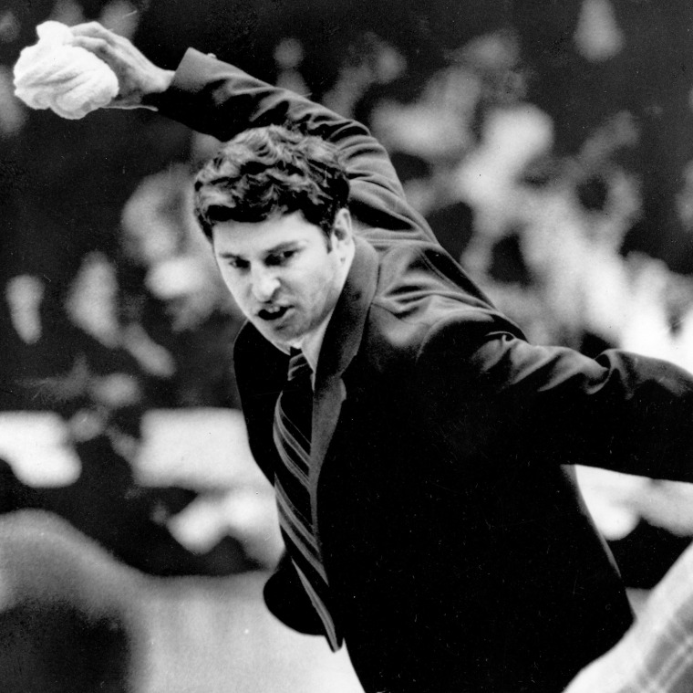 Bobby Knight, Indiana's basketball coach hurls a towel to the floor 