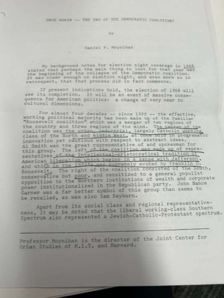 The first page of Daniel Patrick Moynihan's 1968 election preview for NBC News.