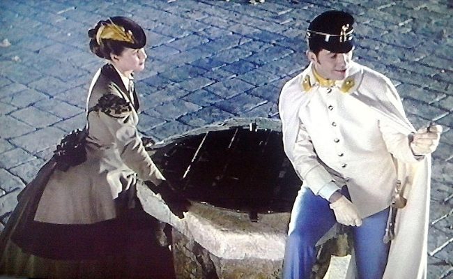 Farley Granger as seen appearing alongside Alida Valli in a scene from the 1954 film Senso