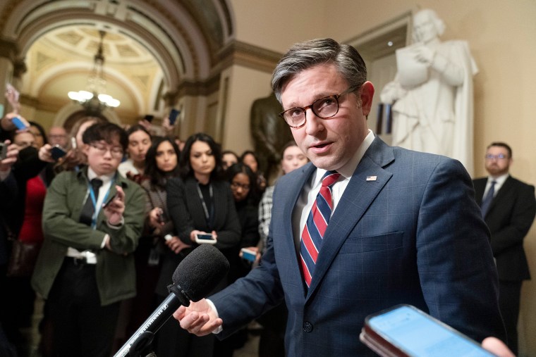 House Speaker Mike Johnson of La., speaks to reporters.