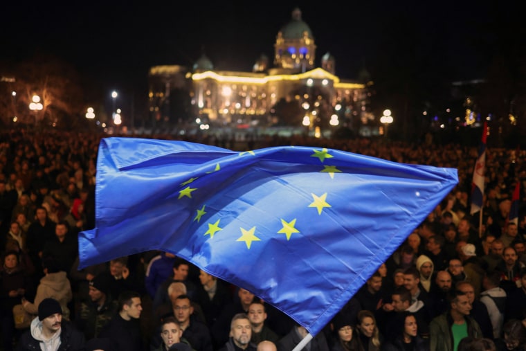 Image: Supporters of the opposition SPN coalition protest in Belgrade