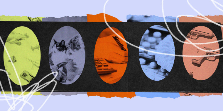 Images of toys, cats/bunnies/dogs, a calculator, contraceptive pills, and guns are collaged onto multicolored pieces of paper in a line