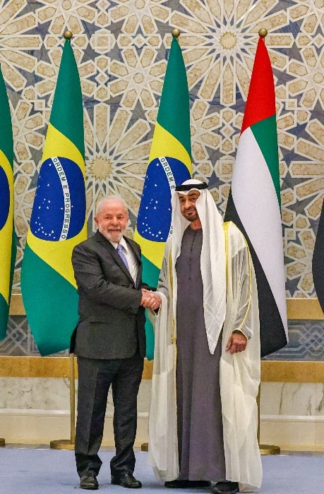 Mohamed bin Zayed Al Nahyan (Right) as seen while meeting with Brazilian President Luiz Inácio Lula da Silva in Abu Dhabi in April 2023