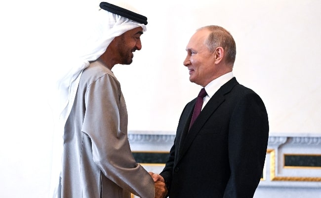 Mohamed bin Zayed Al Nahyan (Left) as seen while meeting Vladimir Putin in Saint Petersburg on October 11, 2022
