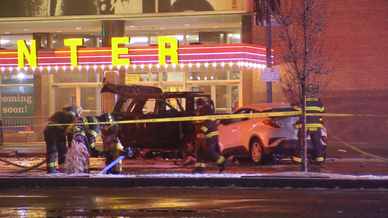 Two people were killed and others were seriously injured in a fiery crash outside the Kodak Center in Rochester, N.Y., on Jan. 1., 2024.