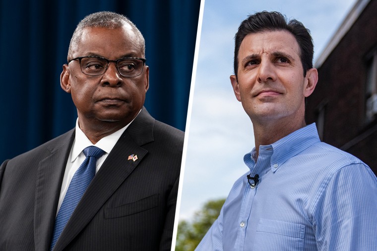 Split image of Lloyd Austin and Chris Deluzio.