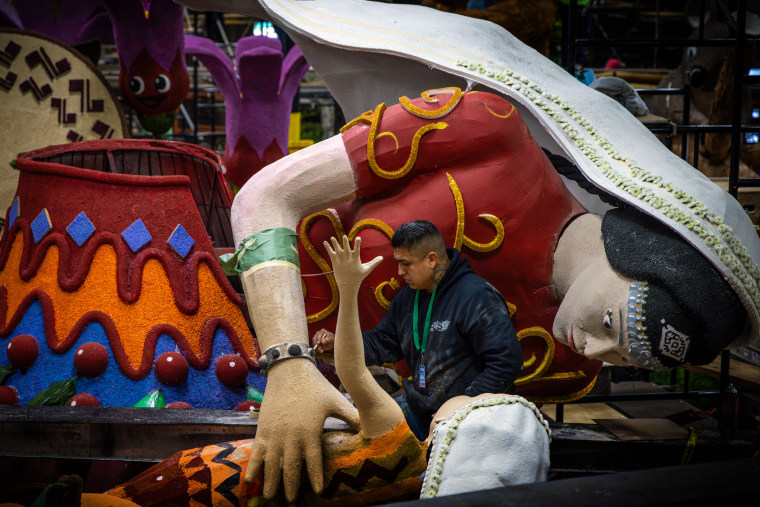 Rose Parade floats at Rosemont Pavilion, Pasadena.