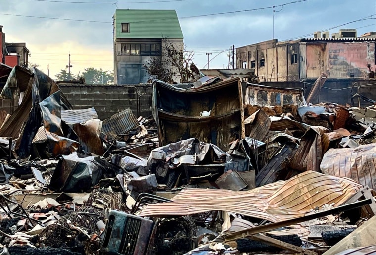 Some 200 shops and buildings made of wood and traditional materials were ravaged by fire in Wajima’s central market.