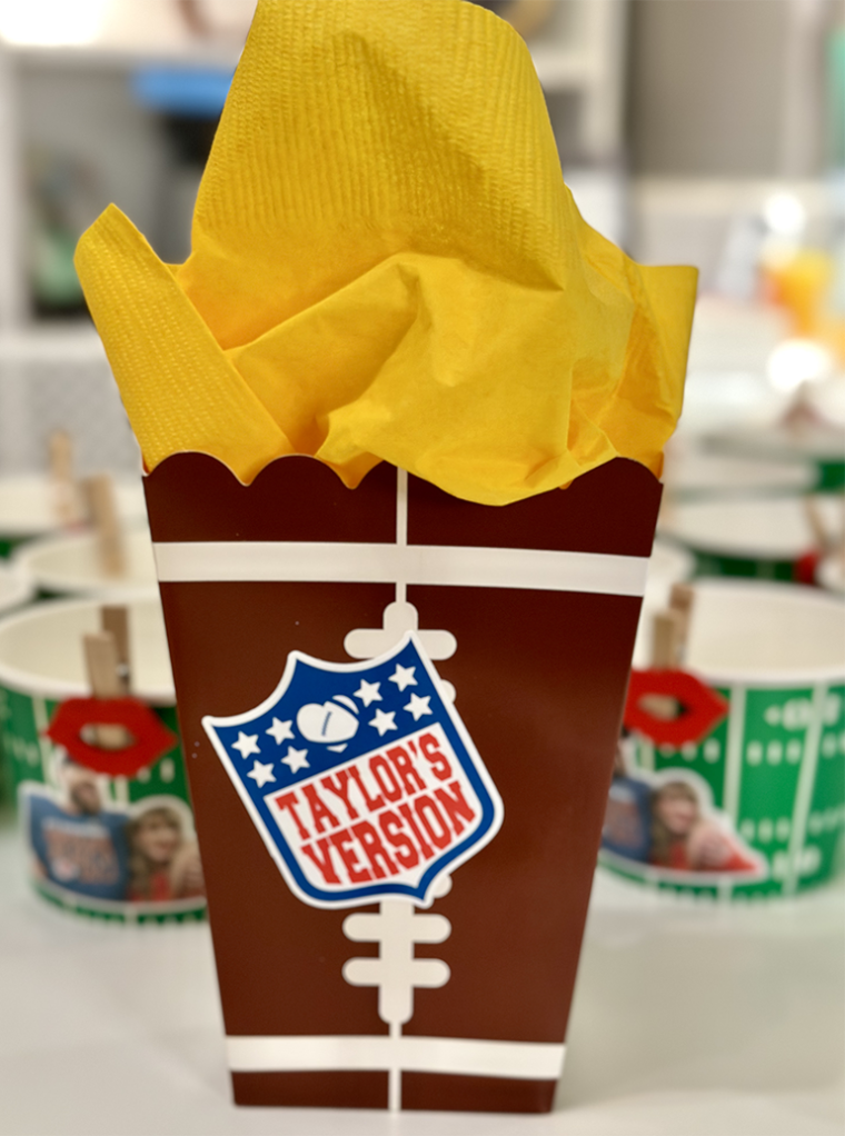 Super Bowl decoration that reads "Taylor's Version" 