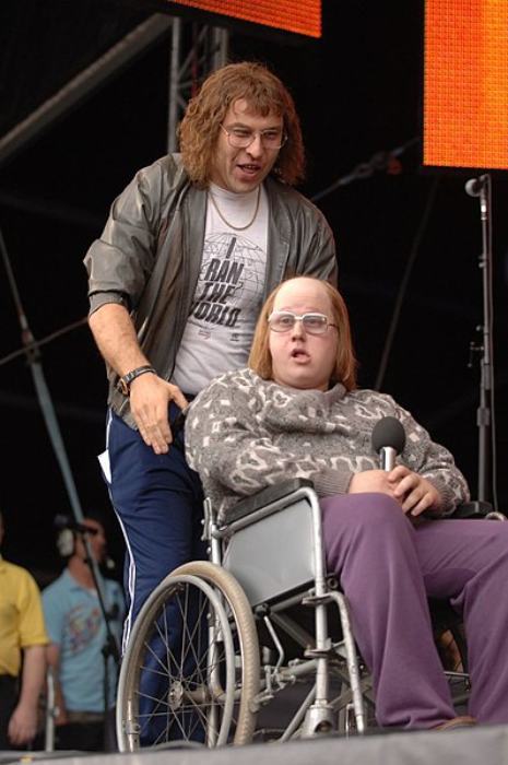 Matt Lucas (sitting) and David Walliams seen in character as Andy and Lou at Live 8 in 2005