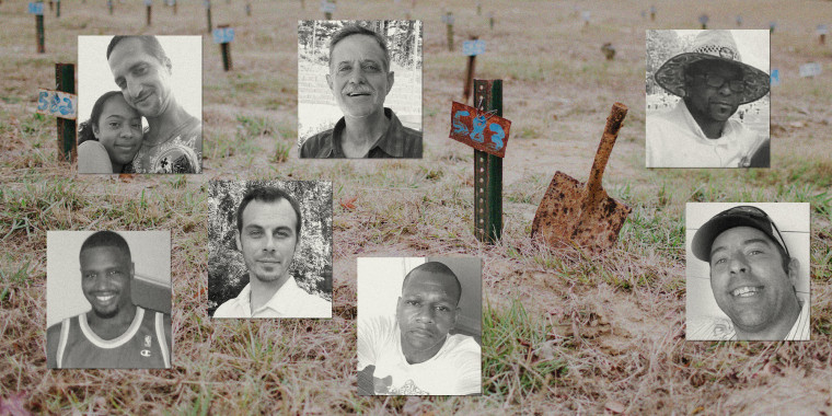 Images of men buried in a Mississippi pauper's field. The field shows metal stakes with numbers and a hand shovel.