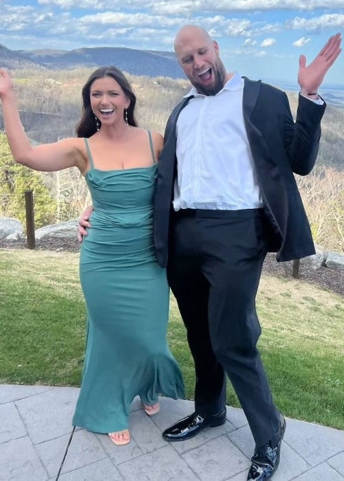 Lane Johnson as seen while posing for a picture with Kelsey Kay Holmer in June 2023