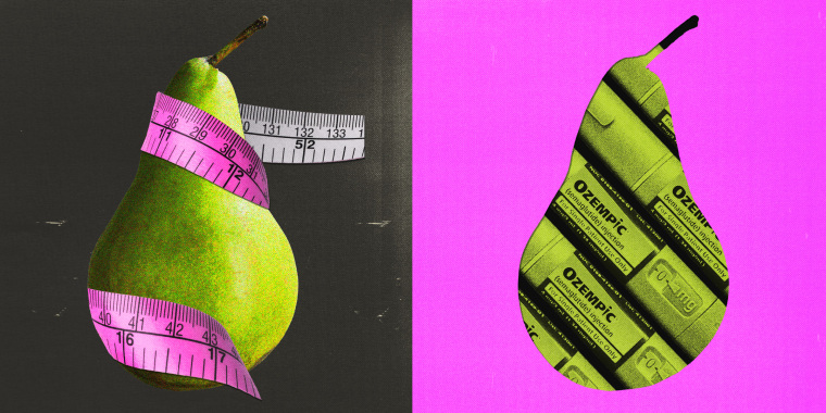Photo illustration of a pear with a measuring tape wrapped around it, next to a cutout of the pear showing Ozempic weight loss injectables.