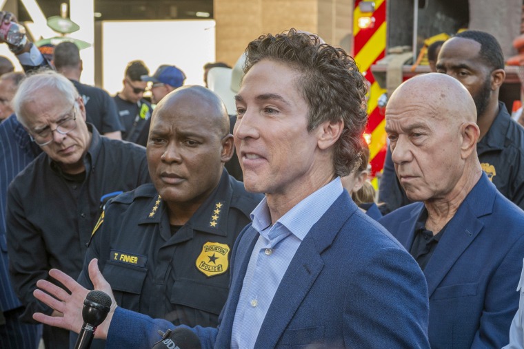 Lakewood Church pastor Joel Osteen participate in a press conference at Lakewood Church on Feb. 11, 2024.