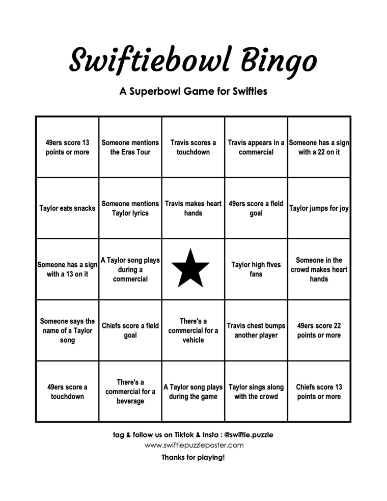Taylor Swift-themed Bingo card