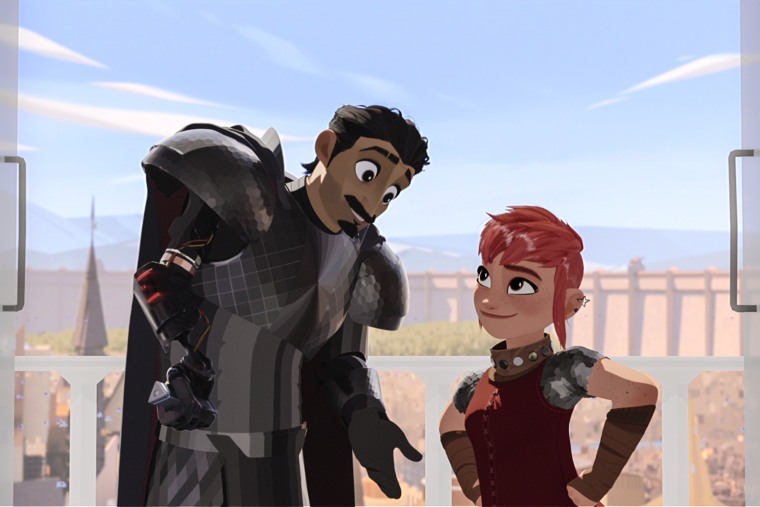 Ballister Boldheart, voiced by Riz Ahmed, and Nimona, voiced by Chloë Grace Moretz, in "Nimona."