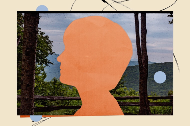 Photo illustration of a cut-out silhouette of a young boy on a photo of the Blue Ridge mountains area in North Carolina.