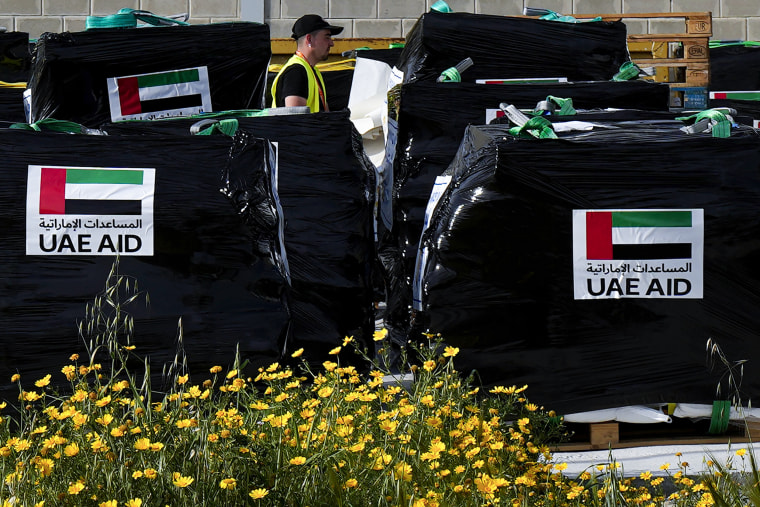 Humanitarian aid loaded onto pallets.