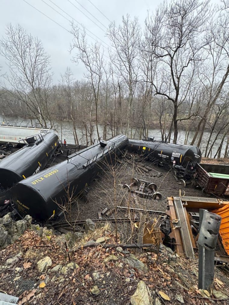 This photo provided by Nancy Run Fire Company shows a train derailment along a riverbank in Saucon Township, Pa., on Saturday.
