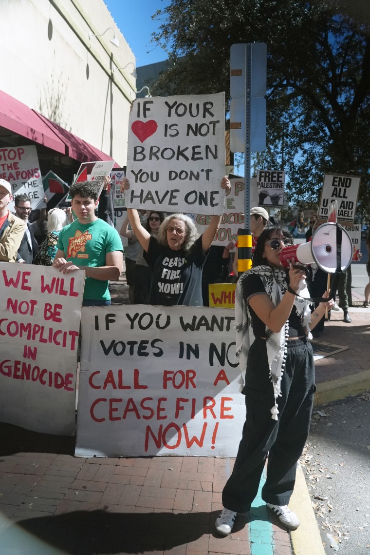 Pro-Palestinian protesters outside of the Fox Theater, moments after First Lady Jill Biden delivered remarks in Tucson, Ariz., on Saturday.