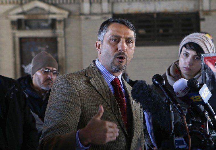Dr. Hatem Bazian, Chairman of American Muslims for Palestine (AMP) speaks at a news conference at the Metropolitan Transit Authority (MTA) Harlem-125th Street Metro North commuter train station to launch an advertisement campaign criticizing Israel and U.S. support for Israel in New York City on March 26, 2013. 