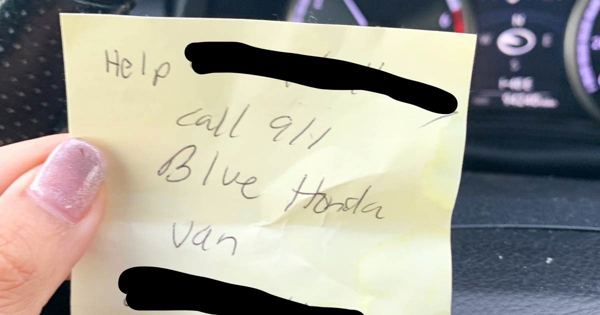 An abducted woman was rescued after slipping a note to a customer at a gas station, police say