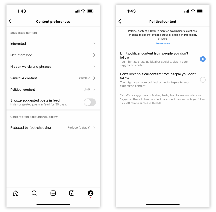 Some creators circulated instructions showing users how to manually not “limit” political content by default.
