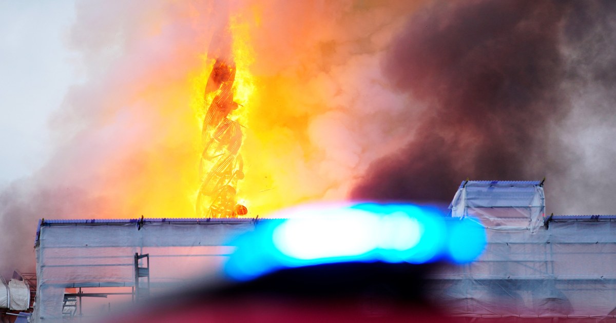 Fire rages through the 17th-century old Stock Exchange in Copenhagen