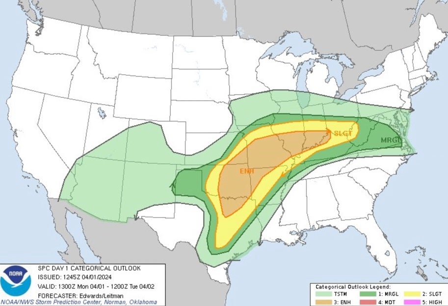 <p>NWS Storm Prediction Center map shows path of storm</p>