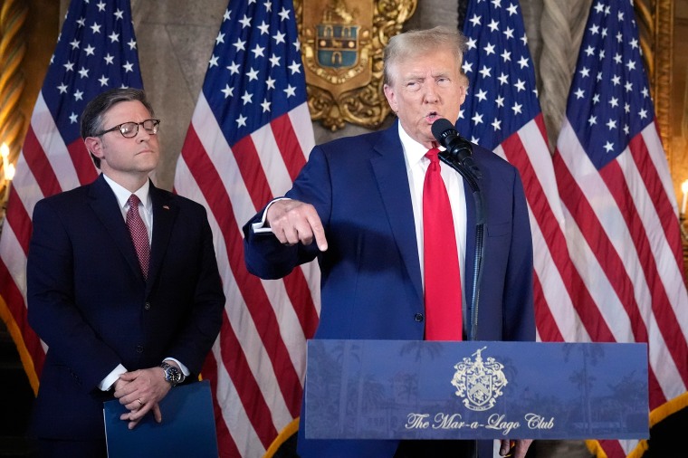  Donald Trump speaks as Speaker of the House Mike Johnson, R-La., listens